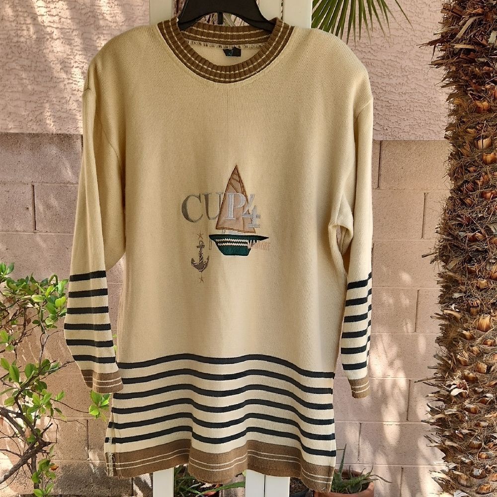 Vintage Cream and Brown Crew Neck Sweater with Nautical Design By GAAD